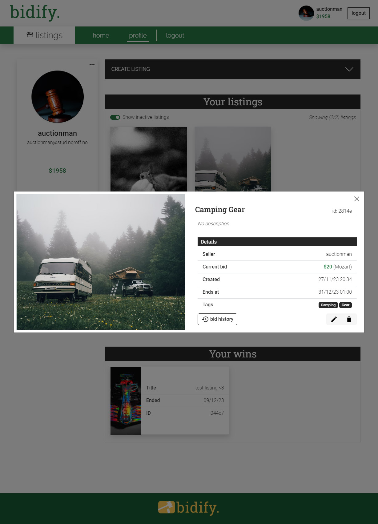 bidify profile page